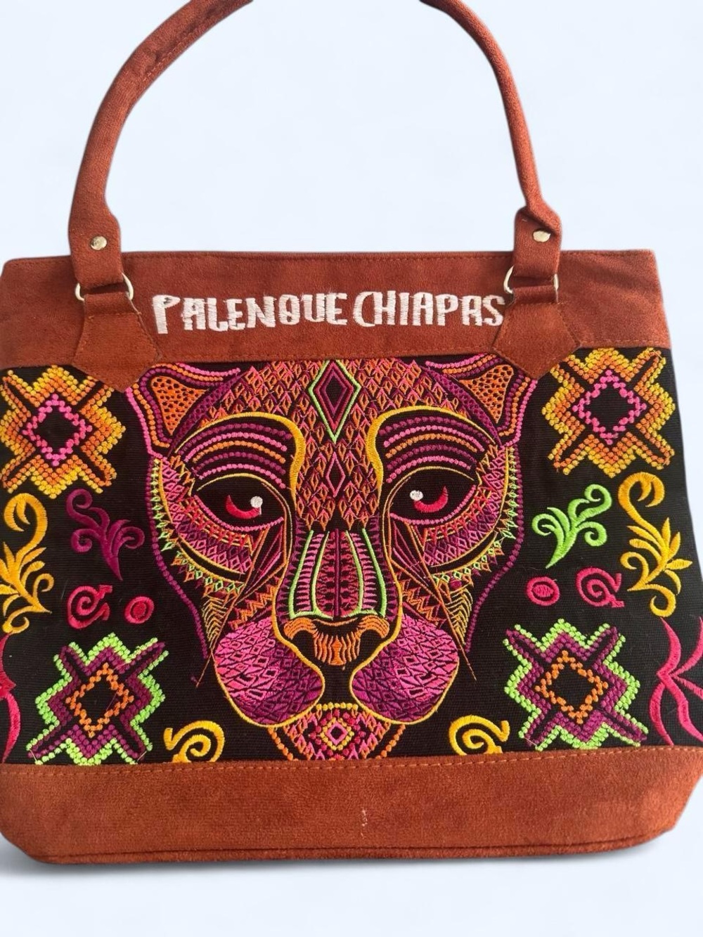 Hand-Embroidered Brown & Multicolor Tote Bag